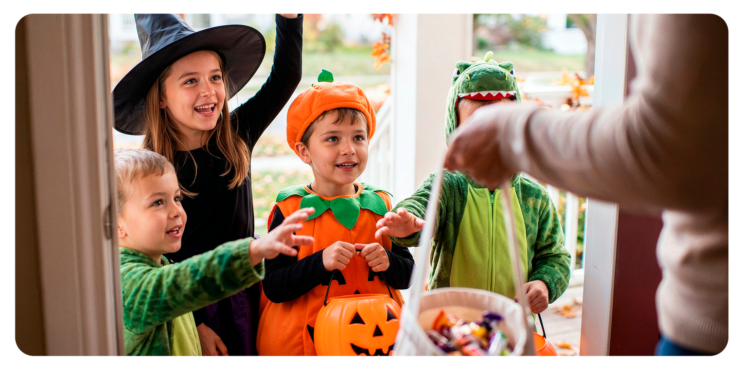 Kids in witch, pumpkin and dinosaur costumes reaching for candy at a front door