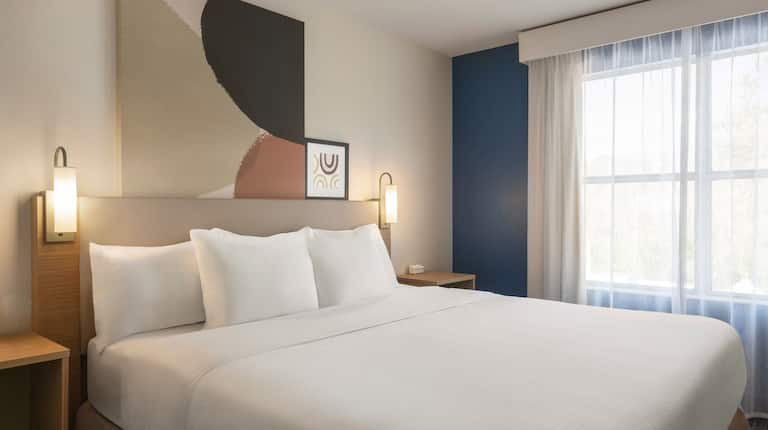Bright guest room with a king bed and big windows at a Spark by Hilton hotel