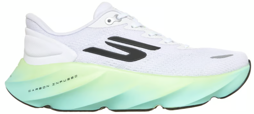 White and mint green Skechers running shoe