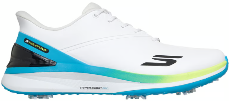White Skechers court shoe with blue and green accents